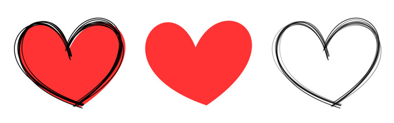 Red pen drawn scribbled heart icons. Happy Valentine's day banner or letter template.
