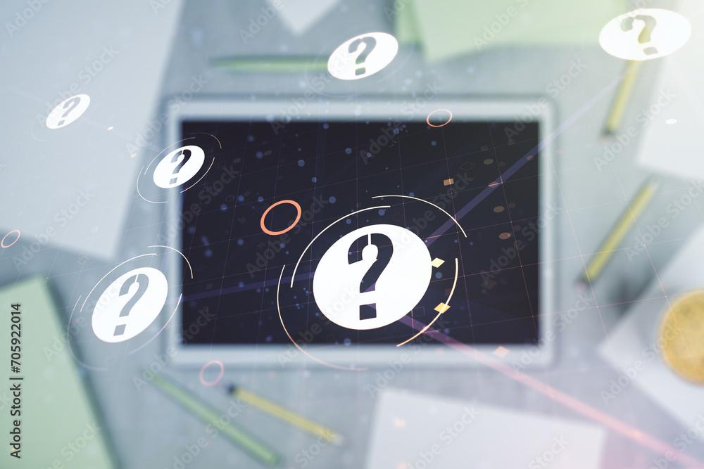 Aufkleber creative concept of question mark illustration and modern digital tablet on background, top view. fa