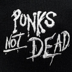 Black knitted cap with embroidered Punks not Dead inscription. Stylish accessory for parties and...