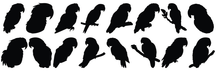 Parrot tropic silhouettes set, large pack of vector silhouette design, isolated white background