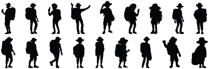 Fotobehang Trekking traveler silhouettes set, large pack of vector silhouette design, isolated white background © FutureFFX