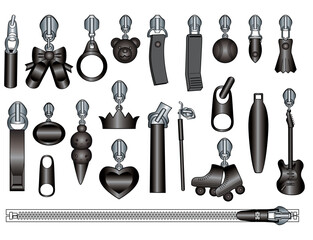Black metal Zipper puller flat sketch vector illustration set, different types of 3D Plastic Zip pull for fasteners, dresses garments, bags, Fashion illustration, Clothing and Accessories © Fathima Flats