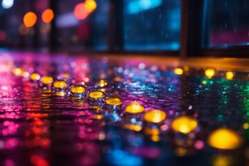 Background of colorful neon lights reflected in raindrops