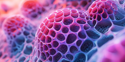 Surface of the skin under the microscope. Molecules and skin cells, molecular grid in close up. 3d render illustration.	
 - obrazy, fototapety, plakaty