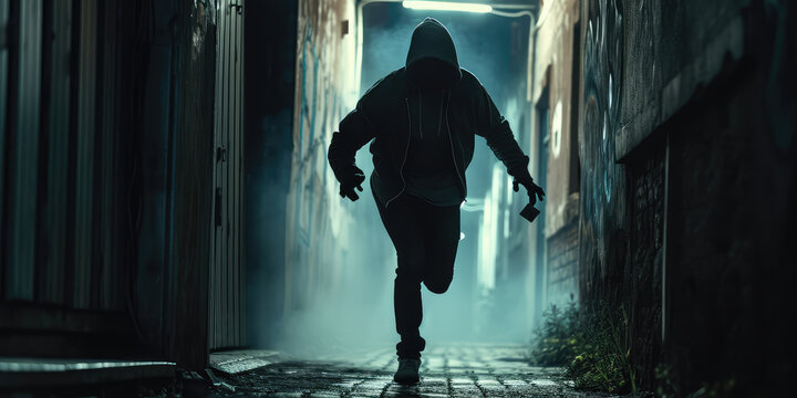 Masked man, black-clad thief quickly flees the scene with a bag of stolen goods. Crime on the streets of the city, theft.