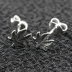 Silver jewelry. Stud Earring. Silver hemp leaf. Occult jewelry.