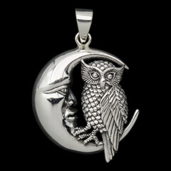 Silver owl and moon pendant. 925 silver. Accessories for rockers, metalheads, punks, goths.
