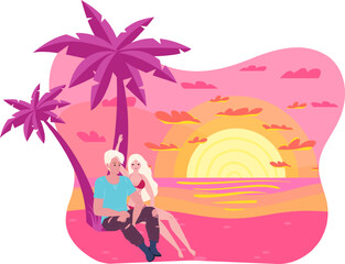 Obraz na płótnie Canvas Couple sitting together on beach at sunset, romantic holiday concept, palm trees and sea. Love, travel, summer vacation vector illustration.