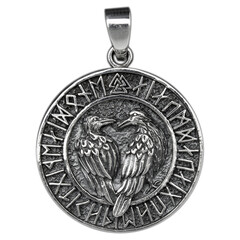 Silver pendant. Helmet of horror. Runic compass, futhark, runes, ravens and wolves of one. Viking style. Nordic tradition. Amulet. Valknut. Asatru Valhalla and Asgard.