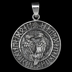 Silver pendant. Helmet of horror. Runic compass, futhark, runes, ravens and wolves of one. Viking style. Nordic tradition. Amulet. Valknut. Asatru Valhalla and Asgard.