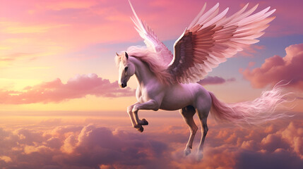 a fantastic beautiful white unicorn jumps through the sky among the clouds at dawn,