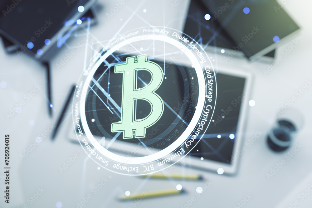 Poster Double exposure of creative Bitcoin symbol hologram and modern digital tablet on background. Mining and blockchain concept