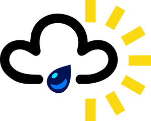 Vector graphic of a sun and rain symbol as used on weather maps shown on television weather forecasts. It consists of dark cloud with a raindrop falling and sun's rays emerging - obrazy, fototapety, plakaty