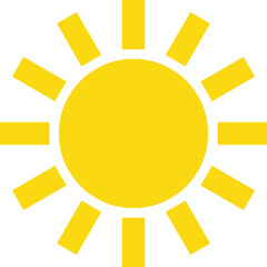 Vector graphic of a sunny weather symbol as used on weather maps shown on television weather forecasts. It consists of a bright yellow sun with rays emerging - obrazy, fototapety, plakaty