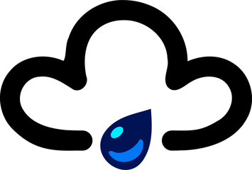 Vector graphic of a light rain symbol as used on weather maps shown on television weather forecasts. It consists of a dark cloud with a single raindrop falling - obrazy, fototapety, plakaty
