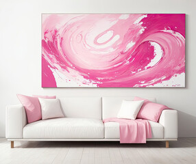 Creative modern style art painting in room interior. with a cozy white sofa.
