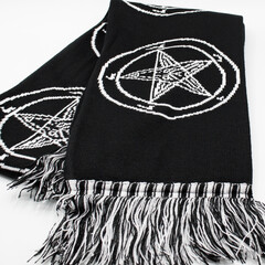 Black scarf with embroidered pentagram and 666. Occult, Satan, Devil, Baphomet. Mythology, occult...