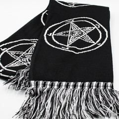 Black scarf with embroidered pentagram and 666. Occult, Satan, Devil, Baphomet. Mythology, occult tradition. Accessory for metalheads, punks, rockers, bikers, satanists, emo, street aggressive 