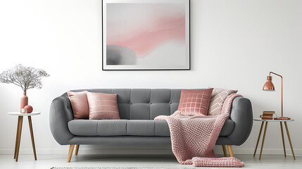 Grey sofa with pink pillows and blanket against white wall with abstract art poster. Interior design of modern living room