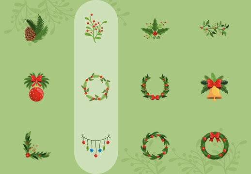 Green And Red Christmas Floral Wreath Decorative Icons Set