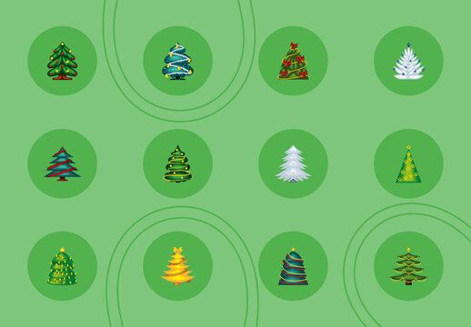 Green and White Christmas Tree Collection Flat Design Icons Set