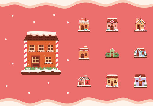 Red And White Gingerbread Christmas Winter House Illustrations Set