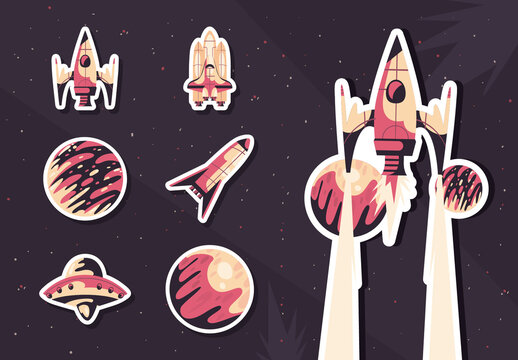 Dark Purple Retro Space Exploration Icon Set