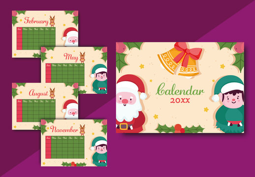 Red Green Santa Elf Reindeer Holiday Calendar Layout