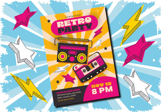 Yellow Pink Funky Cassette Boombox Retro Party Poster Layout