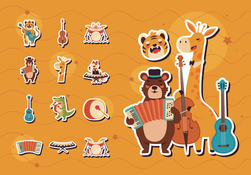 Cute Animal Band Musical Instruments Sticker Set