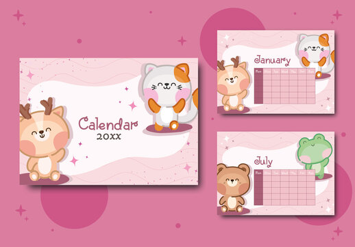 Cute Kawaii Animals Calendar Layout
