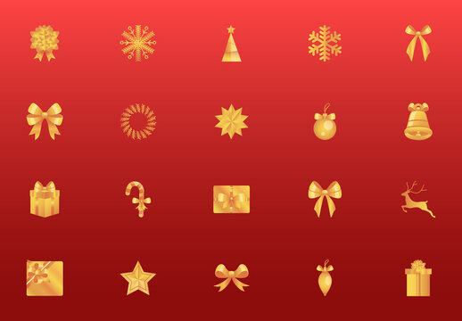 Gold Festive Holiday Decoration Elements Christmas Icons Set