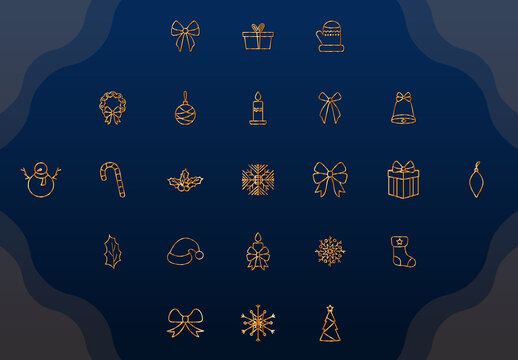 Golden Christmas Line Icon Set