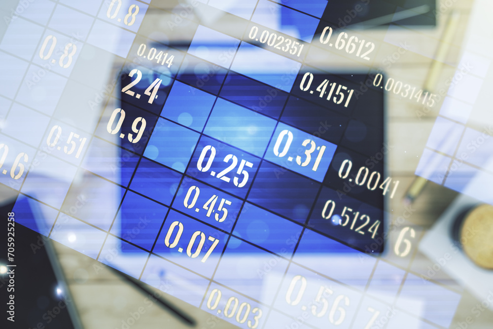 Fototapete Abstract creative analytics data spreadsheet and modern digital tablet on desktop on background, top view, analytics and analysis concept. Multiexposure
