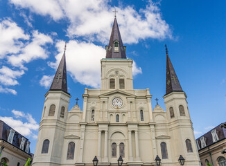 Fototapeta na wymiar Facade and spires of the Cathedral of St Louis, King of France in the French Quarter of New Orleans in Louisiana