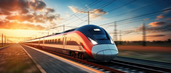 A symbol of progress, the high-speed train races beneath a sky adorned with magnificent clouds - obrazy, fototapety, plakaty