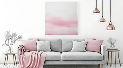 Grey sofa with pink pillows and blanket against white wall with abstract art poster. Interior design of modern living room