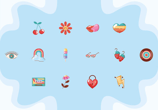 Blue And Red Retro Love Pop Summer Elements Icons Set