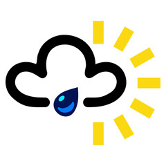 Transparent PNG of a sun and rain symbol as used on weather maps shown on television weather forecasts. It consists of dark cloud with a raindrop falling and sun's rays emerging - obrazy, fototapety, plakaty