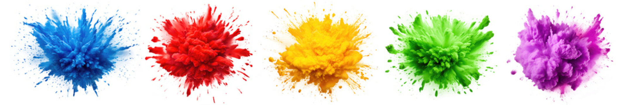 Set of colorful smoke explosions and blasts isolated on transparent background.