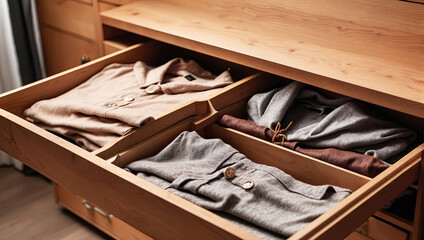 Clothes storage organization. Wardrobe open dresser drawer with colorful folded clothes. - obrazy, fototapety, plakaty