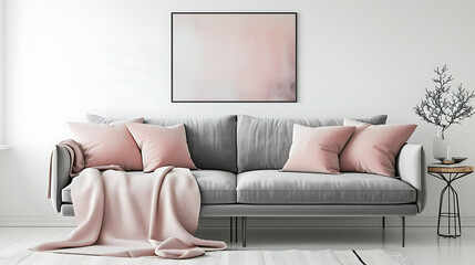 Grey sofa with pink pillows and blanket against white wall with abstract art poster. Interior design of modern living room