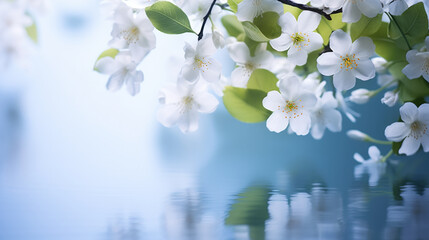 Soft blurred background with Spring White Blossoms on Branch Over Calm Waters.