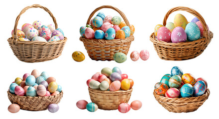 Collection set of basket of colourful hand painted decorated easter eggs on transparent background cutout, PNG file. Many different design. Mockup template for artwork design - Powered by Adobe