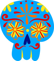 Colorful Mexican sugar skull with floral patterns. Vibrant blue Calavera design celebrating Dia de los Muertos vector illustration.