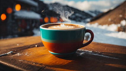 cup of coffee at a ski resort - obrazy, fototapety, plakaty