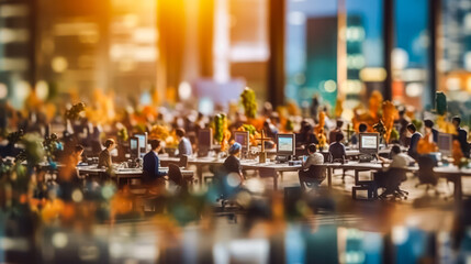 Obraz premium Miniature figures in business suits gather in a cafe