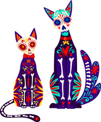 Two colorful Day of the Dead sugar skull cats. Mexican Dia de los Muertos celebration, decorative feline vector illustration.