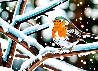 Illustration of the Robin bird on a snow covered tree branch.