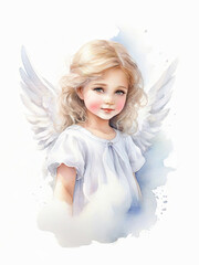 Pretty little angel girl watercolor illustration.